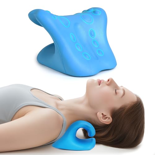 Neck Stretcher Cervical Traction Device, Neck Hump Corrector for TMJ Pain and Shoulder Pain Relief, Neck and Shoulder Relaxer, Ergonomic Pain Pillow for Spine (Blue)
