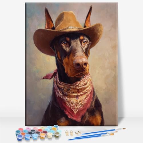 Aeontinity Cowboy Doberman Animal Framed Canvas DIY Paint by Numbers Kit Bar Cafe Cave Home Room Wall Bathroom Porch Patio Decor Gift, 16 x 12 Inch - color: COWBOY DOBERMAN