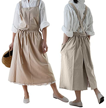 Cotton Pleated Apron Retro Waterdrop Proof Garden Cleaning Pinafore Dress - color: Wheat