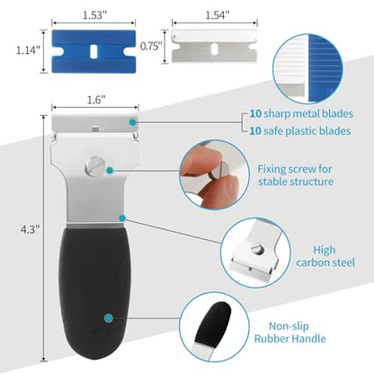 2 Pack Razor Blade Scraper, Multi-Purpose Cleaning Remover Tool, with 10 Metal & 10 Plastic Blades, for Glass Caulk, Adhesive, Wall, Stovetop, Paint, Window, Sticker, Tile, Label Decals