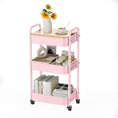 3-Tier Rolling Cart with Table Top, Metal Utility Cart on Wheels | Sturdy Storage Organizer Cart with Lockable Wheels&Hooks for Craft, Office, Classroom, Kitchen and Bathroom, Pink - color: Pink
