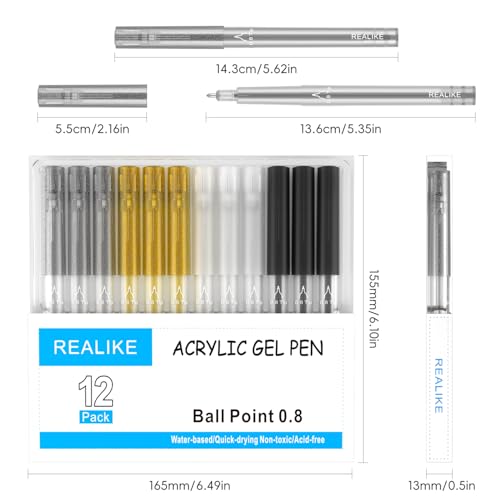 REALIKE Acrylic Gel Pens Compatible with Cricut Maker 4/Maker 3/Maker/Explore 5/4/3/Air 2/Air, Black White Silver Gold Acrylic Pens for Rocks, Paper, Wood, Canvas, Glass, Ceramic, Fabric (0.8 Tip)