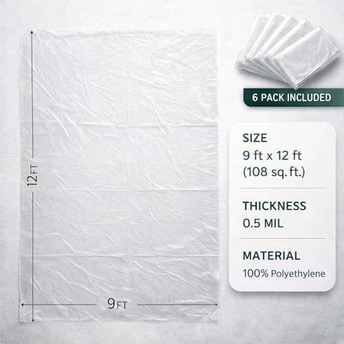 Plastic Drop Cloths for Painting 12 x 9 ft [6 Pack] – Waterproof Paint Drop Cloth, Plastic Sheets Floor Cover, Disposable Tarp for Furniture Protection, Remodeling and Moving - size: 6 Pack - 9x12