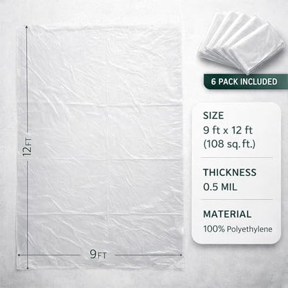 Plastic Drop Cloths for Painting 12 x 9 ft [6 Pack] – Waterproof Paint Drop Cloth, Plastic Sheets Floor Cover, Disposable Tarp for Furniture Protection, Remodeling and Moving - size: 6 Pack - 9x12