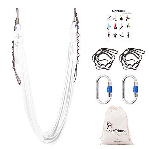 5.5 Yards Aerial Silks Yoga Swing Set - Aerial Yoga Hammock Kit Anti-Gravity Flying for Fitness, Low/Non Stretch Nylon Tricot Fabric Hardware Included for Dance - color: WHITE