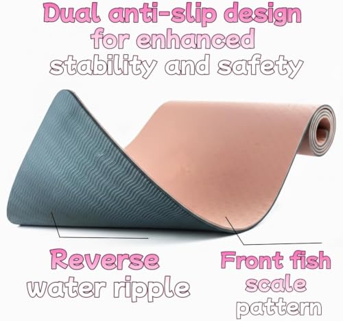 Yoga Mat Non Slip, 8mm TPE Exercise Mat with Carrying Strap, Eco Friendly Fitness Mat for Yoga Pilates Gym Workout, 72" x 24" - color: Pink + Navy Blue