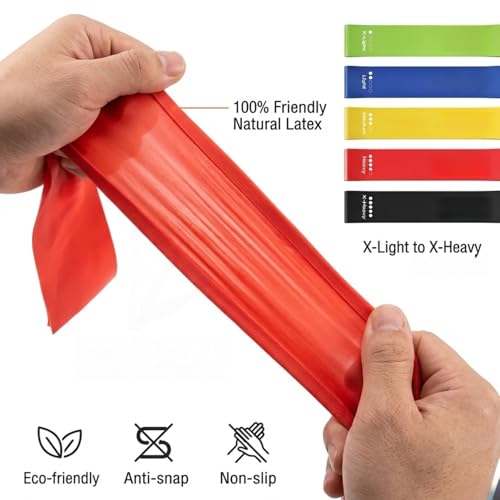 Resistance Bands Set of 5, 100% Natural Latex Skin-Friendly Exercise Loop Bands with 5 Resistance Levels for Legs, Glutes, Arms, Back - Includes Carry Bag for Home, Gym, Yoga, Pilates, Training