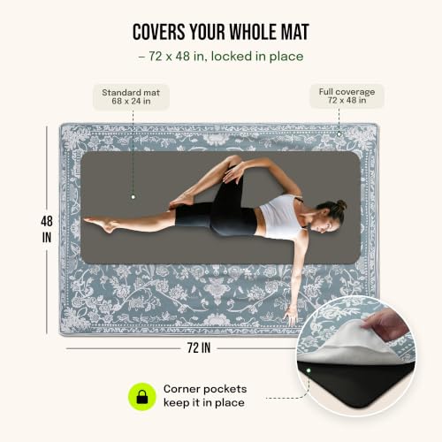Gogokiwi Yoga Mat and Towel Set, 72 x 48 in, 1/2 in, Non Slip for Hot Yoga | Extra large, covers whole mat, 4 corner pockets, washable microfiber, rug-style print, hot yoga, home workout, home decor - color: Victoria Blue & White