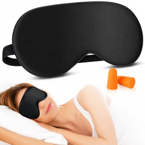 Silk Sleep Mask with 100% Mulberry Silk Cover, Adjustable Strap Night Eye Mask for Women Men, Soft Eye Covers for Sleeping, Excellent Light Blocking, Includes Earplugs - color: No Cooling Black