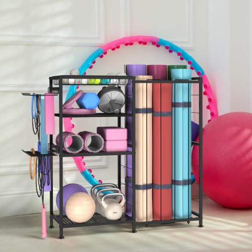 Yoga Mat Holder 4 Tier Home Gym Storage Rack with Hooks and Basket, Metal Sports Equipment Organizer for Dumbbells, Kettlebells, Exercise Balls and Sports Gear, Black