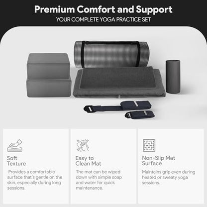 BalanceFrom 7-Piece Yoga Set with 71x24x1 Inches Extra Thick Mat and Carrying Sling – Includes 2 Blocks, Stretch Strap, 2 Towels, and Knee Pad for Home, Studio, and Gym Workouts - color: Gray