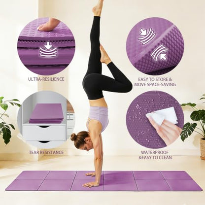 Foldable Yoga Mat Thick Non-Slip Exercise Mat | Packable Travel Fitness Mat, Carrying Bag Included, For Yoga, Pilates, Workout, Home & Gym Use - color: purple