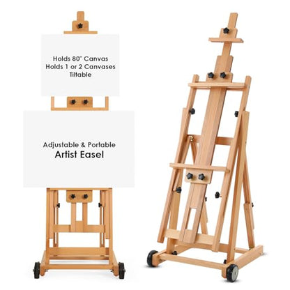 Easel for Painting, H Frame Easel, Painting Stand, Studio, Fits 80” Canvas | Houseables for Large Canvas, Floor Standing, Adjustable, Tilt Flat, Rolling Wheels, Wood, Adults, Painters, Arts & Crafts