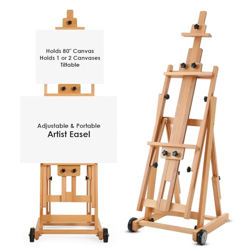 Easel for Painting, H Frame Easel, Painting Stand, Studio, Fits 80” Canvas | Houseables for Large Canvas, Floor Standing, Adjustable, Tilt Flat, Rolling Wheels, Wood, Adults, Painters, Arts & Crafts
