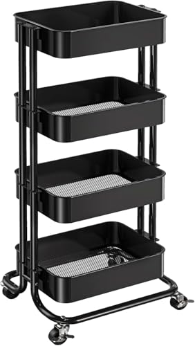 Pipishell 4 Tier Metal Rolling Utility Cart with 2 Lockable Wheels, Black | 360° Rotating Wheel, Heavy-Duty Steel, Sturdy Dual Columns, Ventilated Mesh, Hold 22 lbs per Shelf, for Kitchen & Dining Room - color: Black, size: 4 Tier