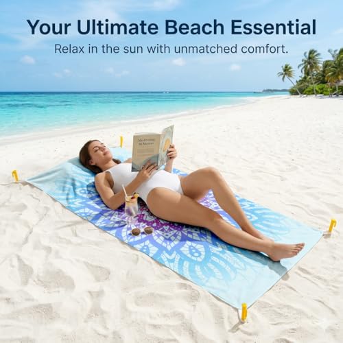 YunTu Mandala Oversized Sandproof Beach Towel Blanket with 4 Wind Anchors & Detachable Pillow, Pocket, Extra Large Microfiber Mandala Beach Mat for Travel, Camping, Hiking (Mandala 1) - color: Mandala 1