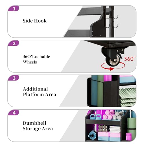 Home Gym Storage Rack Yoga Mat Holder with Wheels and Hooks, All in One Workout Storage for Yoga Mat, Foam Roller,Small Dumbbells, Kettlebel Gym Organizer Storage for Home Exercise(Wood)