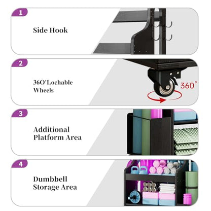 Home Gym Storage Rack Yoga Mat Holder with Wheels and Hooks, All in One Workout Storage for Yoga Mat, Foam Roller,Small Dumbbells, Kettlebel Gym Organizer Storage for Home Exercise(Wood)