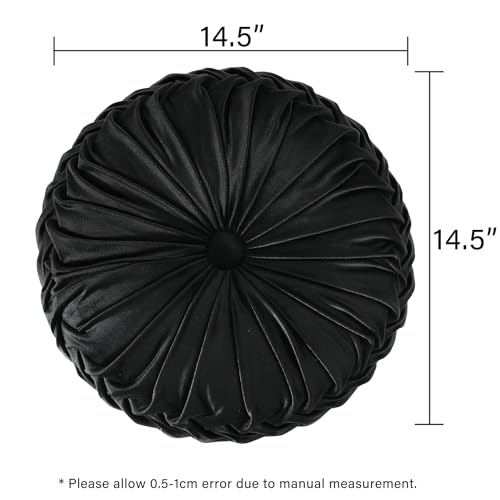 HIG Set of 2 Black Velvet Decorative Round Pleated Throw Pillows - color: Black