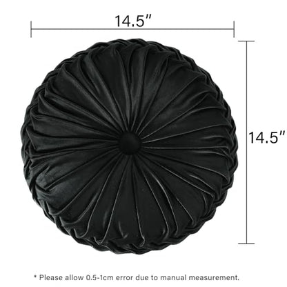 HIG Set of 2 Black Velvet Decorative Round Pleated Throw Pillows - color: Black