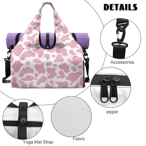 Pink Cow Print Gym Bag with Shoe Compartment Durable Gym Tote with Yoga Mat Holder Sports Duffel Bags with Double Zipper, Sports Duffle Bags for High School - color: Pink Cow Print