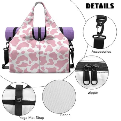 Pink Cow Print Gym Bag with Shoe Compartment Durable Gym Tote with Yoga Mat Holder Sports Duffel Bags with Double Zipper, Sports Duffle Bags for High School - color: Pink Cow Print