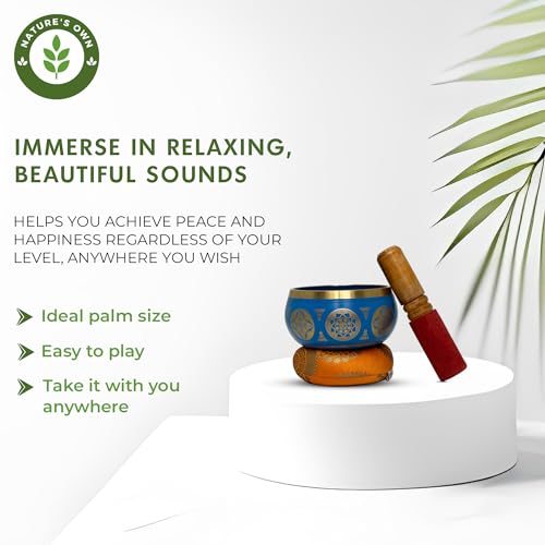 Nature's Own Tibetan Singing Bowl Set- Easy to Play- Meditation Sound Bowl Handcrafted in Nepal for Yoga, Mindfulness, Chakra Healing, Stress Relief- Spiritual Gifts for Women and Men (3.5 Inch, Blue) - color: Blue