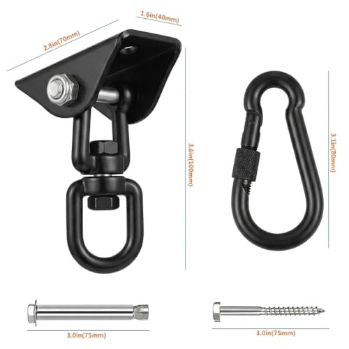 Hammock Hanging Kit, Stainless Steel Hammock Hooks Heavy Duty Hardware 360°Rotating 1300 lb Capacity Swing Ceiling Hook Snap for Hanging Chair Stand,Seat, Tree,Yoga,Gym, Porch(1, Black) - color: Black