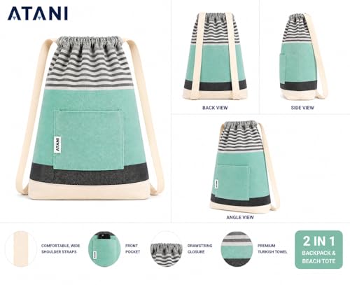 ATANI Turkish Beach Towel, Converts to a Bag, Oversized 100% Cotton Bath Towels Lightweight Quick-Dry Beach Blanket for Travel, Picnic, Camping, Yoga and Pool (Green x Black, 71 inc x 39 inc) - color: Green X Black, size: 71 inc x 39 inc