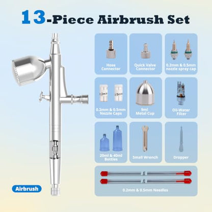 Gocheer Airbrush Gun Kit, 0.2mm & 0.5mm Nozzle Set, 3 Paint Cups/Bottles (9ml, 20ml & 40ml), Moisture Filter & Adapters, Dual Action Gravity Feed Spray Gun for Miniatures, Models, Nail Art & Makeup