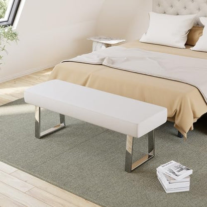 JIEXI 45.3" Upholstered PU Leather Bedroom Bench Footstool with Metal Legs | Sturdy Silver Plated Chrome Legs, Padded Seat, Space Saver, for Bedroom Entryway Living Room Window - color: White, size: 45 IN