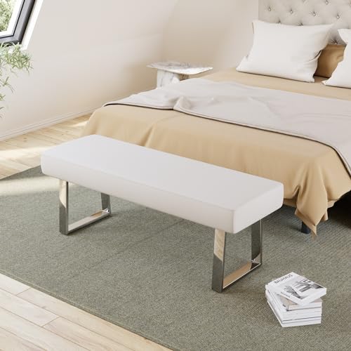 JIEXI 55" Rectangle Upholstered Entryway Bed End Bench with Chrome Legs | PU Leather Seat Footstool, Sturdy Silver Metal Base, Versatile for Bed End, Plant Stand, Foyer - color: White, size: 55 IN