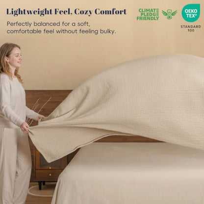 PHF Lightweight Waffle Weave Blanket Queen for Bed Light Tan 90"x90" - color: Light Tan, size: Queen(90"x90")