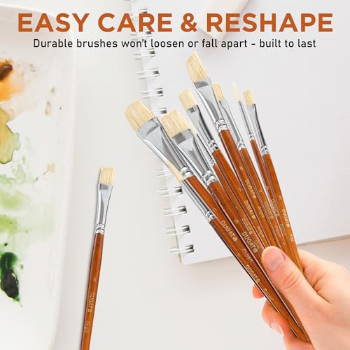 Short Handle Artist Paint Brush Set, 10-Piece Hog Hair Bristle | Strong Paint Pickup for Acrylic & Oil Painting, Comfortable Wood Handle, Kids & Adults - color: Brown