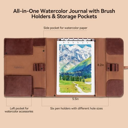 LIGHTWISH Watercolor Pad - A5 20 Sheets 100% Cotton 300GSM Cold Press Paper | Detachable with Backing Board | All-in-One Travel Watercolor Journal with Brush Holders & Storage Pockets - color: Ochre