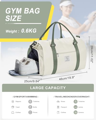 Gym Bag Womens Mens with Shoes Compartment and Wet Pocket Travel Duffel Bag for Women for Plane Sport Gym Tote Bags Swimming Yoga Waterproof Weekend Overnight Carry on Bag Hospital Holdalls - color: A11-Beige with Green