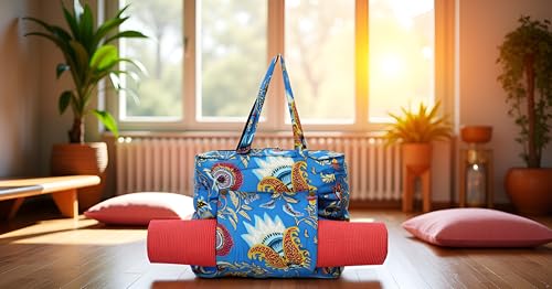 INDIAN CRAFT CASTLE Tote Bag with Yoga Mat Carrier Pocket Carryall Shoulder Bag for Office, Workout, Pilates, Travel, Beach and Gym - color: Blue