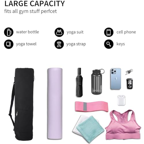 Cotton yoga mat bag with Pockets and Adjustable Strap - Full Zip Cargo Yoga Mat Carrier Bag - Bag for 1/4" 1/3" Thick Yoga Mat - color: Black, size: L