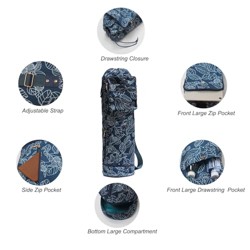 ESVAN Yoga Mat Bag with Multi Pockets Drawstring Yoga Mat Carrier Pilates Exercise Multi-Functional Storage Bag - color: Canvas Navy Leaf
