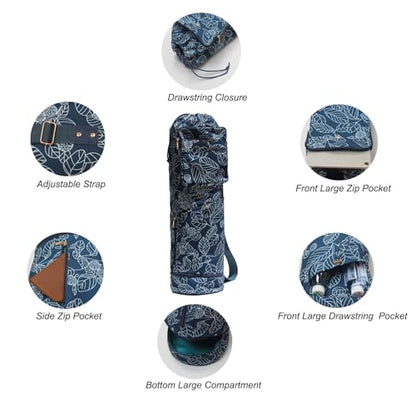 ESVAN Yoga Mat Bag with Multi Pockets Drawstring Yoga Mat Carrier Pilates Exercise Multi-Functional Storage Bag - color: Canvas Navy Leaf