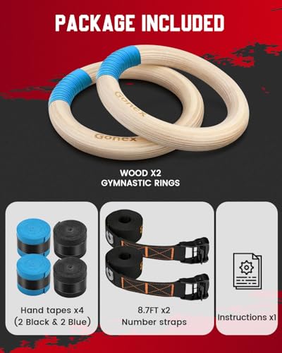 Gonex Wooden Gymnastic Rings with Adjustable Straps, 8.7 ft | Birch Wood Rings, Quick-adjust Carabiners Buckle Numbered Straps, Home Gym & Outdoor Training, Full-body Strength Workouts - style: 32mm Birch Wooden Ring & Buckle Numbered Straps