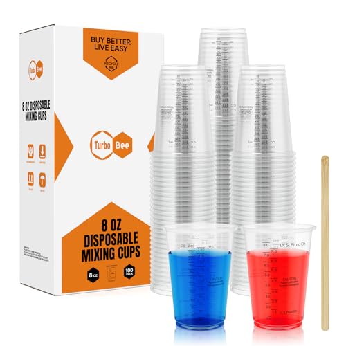 Turbo Bee Plastic Measuring Cups 8OZ,100 PACK Disposable Mixing Cups with 100 Mixing Sticks,Paint Graduated Measuring Tumblers for Epoxy Resin, Paint Mixing, Art DIY - size: 8oz-100pack