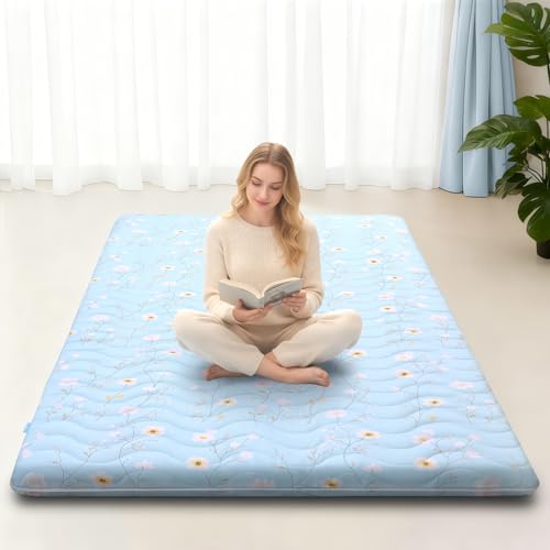 SCHNAUZER HOME Japanese Futon Floor Mattress Twin 3.5" Thick Floral Pattern | Foldable Mattress Tatami Mat Sleeping Pad, 100% High Density Foam, Roll Up Floor Lounger for Living Room RV - color: Floral Light Blue, size: Twin( 80 x 39 )