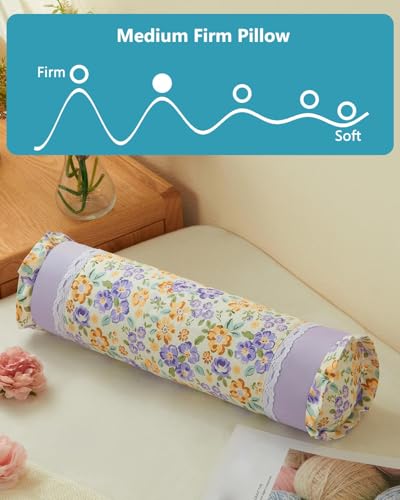 Neck Pillow for Sleeping - Buckwheat Hull Pillow Adjustable Cervical Roll Pillow 15.7" x4.7”, Cylinder Pillow for Neck Support, Round Neck Pillow Bolster with Removable Cover, Purple - color: Flower-purple