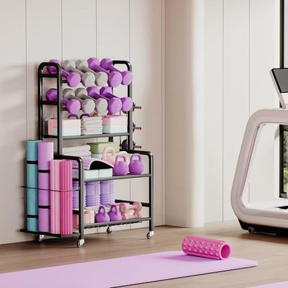 Homeiju Dumbbell Rack, Weight Rack for Home Gym, Yoga Mat Storage Holder with Lockable Wheels, Dumbbell Stand with Hooks, All in One Work out Equipment Storage for Yoga Mat Dumbbell and Balls - size: 5-Tier
