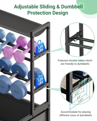 Dumbbell Rack, Adjustable 4-Tier Weight Rack Movable, Home Gym Organizer Up to 405 lb with Lockable Casters & Hooks, Workout Equipment Storage for Dumbbells, Kettlebells, Yoga Mats & Balls