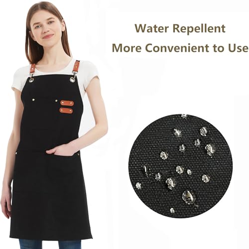 AFUN Chef Aprons for Women Men with Oversized Pockets, 12-Ounce Cotton Canvas Cross Back Water Repellent Apron (Black) - color: Black