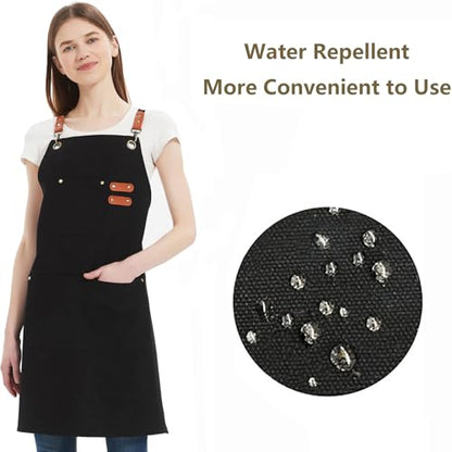 AFUN Chef Aprons for Women Men with Oversized Pockets, 12-Ounce Cotton Canvas Cross Back Water Repellent Apron (Black) - color: Black