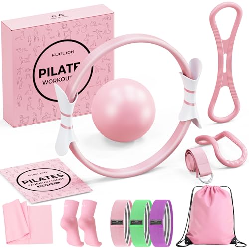 Pilates Ring Set for Women, Home Workout Pilates Equipment with Resistance Bands, 14'' Magic Circle, Mini Ball, Pilates Starter Kit for Strength, Toning and Flexibility - color: Pink, size: Medium-Level2