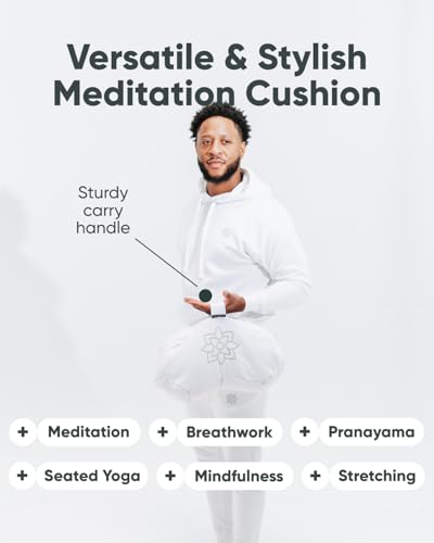 Mindful & Modern Large Meditation Cushion | Zafu Yoga Bolster Meditation Floor Pillow Seat | Buckwheat Hull Filled Crescent Shaped Cushion with Removable Washable Cover + Carry Handle | White - color: Crescent - White